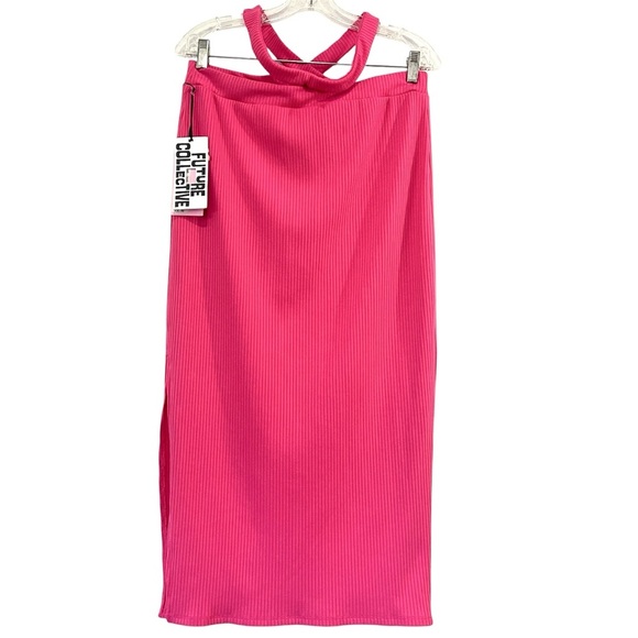 Future Collective Alani Noelle Pink Ribbed Midi Dress New With Tags Size Medium - Picture 2 of 5